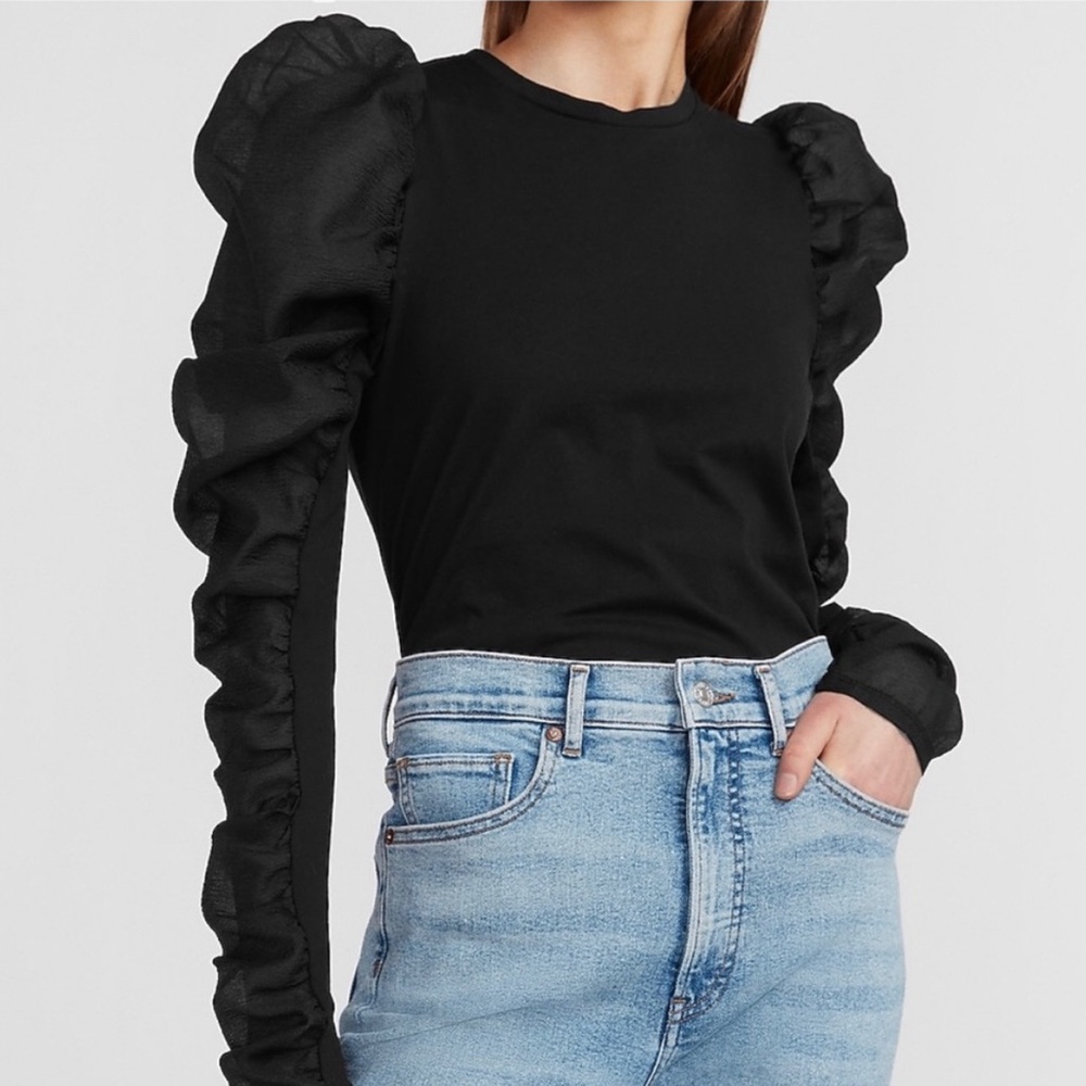 Express Black Organza Puff Long Sleeve Top- Size Medium